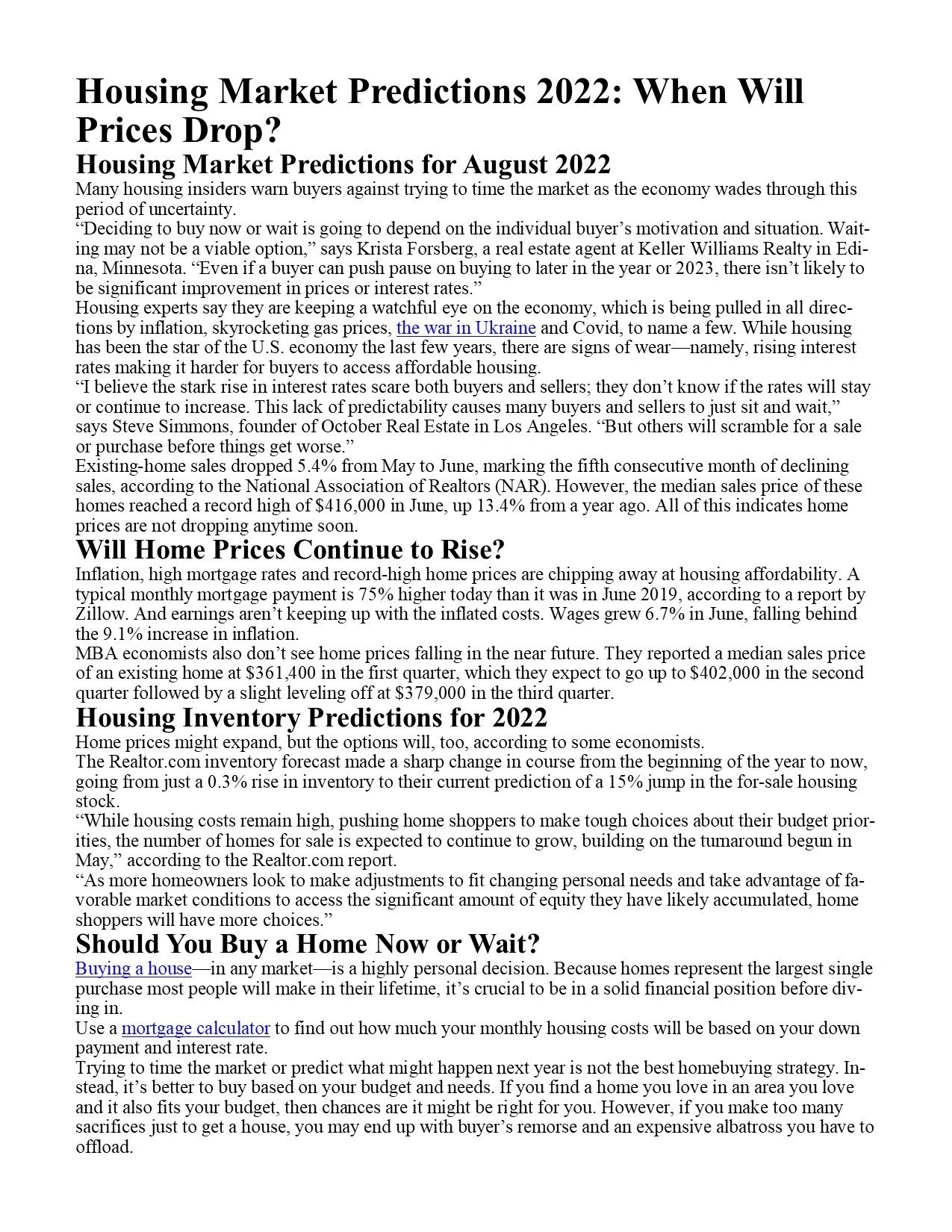 Housing Market Predictions According to FORBES